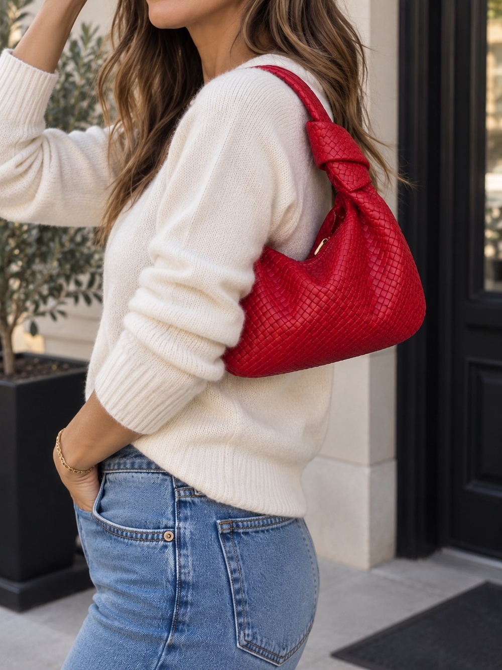 Motf Red Woven Hobo Shoulder Bag
